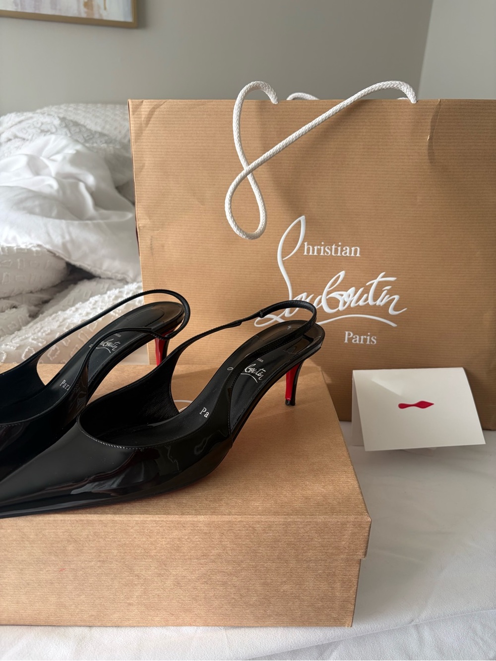 Christian Louboutin Black Patent Slingback Pumps with Red Stiletto Heel